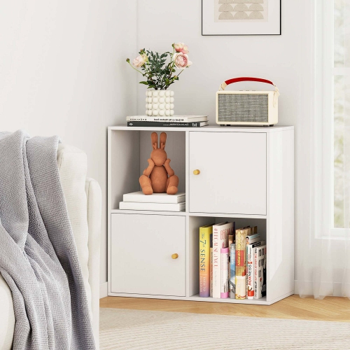 Costway 4-Cube Bookcase with Dual Anti-Tipping Kits & 2 Cabinets Storage Organizer White/Natural