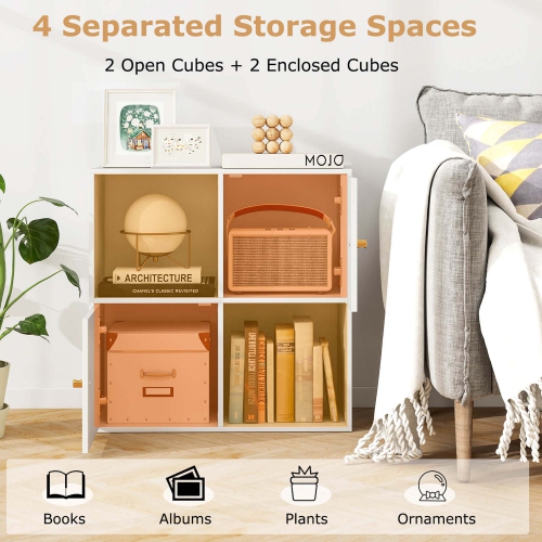 Costway 4-Cube Bookcase with Dual Anti-Tipping Kits & 2 Cabinets Storage Organizer White/Natural