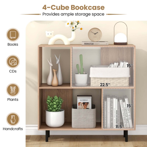 Costway Open Shelf Bookcase Mid Century Modern Cube Bookshelf with 4 Compartments Natural/White/Black