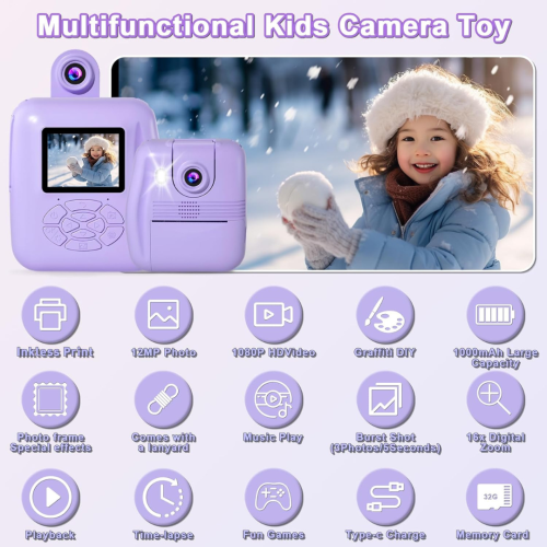 Kids Camera Instant Print Camera - Racazl Instant Camera for Kids, Toddler Video Camera Toy Christmas Birthday Gifts for Girls Boys Age