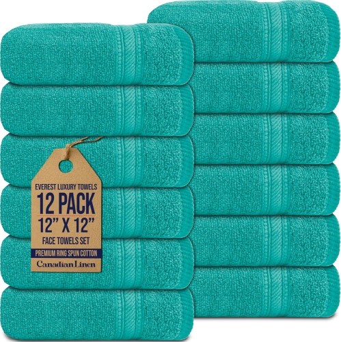 Canadian Linen 12 Pack Luxury Everest Washcloths, 12”x12”, 100% Natural Cotton Absorbent Face Towels, Machine Washable, Super Soft, Dish Cloths Set f