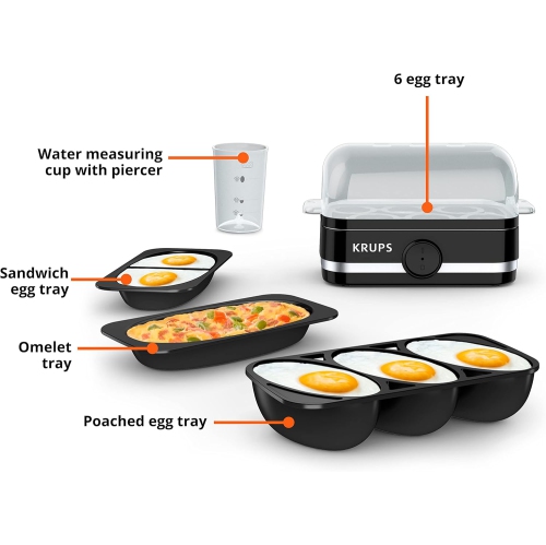 Krups Simply Electric Egg Cooker – 6 Egg Capacity, Hard, Medium, Soft Boiled, Poached, Scrambled, Omelets, Black