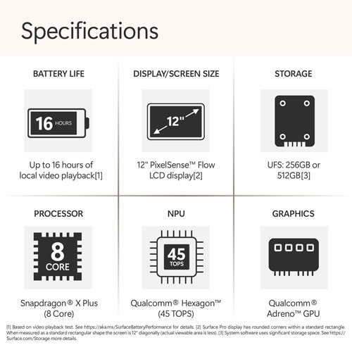 Portable Surface Pro Copilot+ PC 12 po 512 Go de Microsoft avec Snapdragon X Plus/mémoire vive de 16 Go (2025) - Platine - Appareil seulement