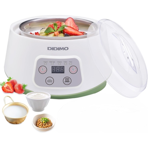Yaourtière électrique DIDIMO avec minuterie et passoire, doublure en acier inoxydable pour le yogourt, le yogourt grec, le fromage et le natto