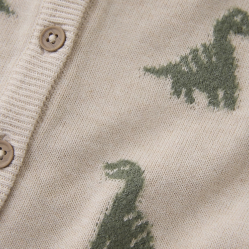 Minymo Organic Cotton Knit Cardigan - Dinos on Light Beige Melange