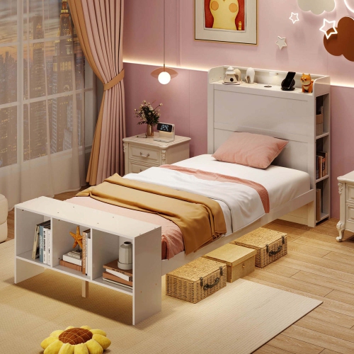 Costway Twin/Full Size Bed Frame with Storage Headboard & Footboard LED Bed Frame with 2 USB Ports