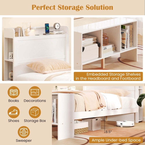 Costway Twin/Full Size Bed Frame with Storage Headboard & Footboard LED Bed Frame with 2 USB Ports