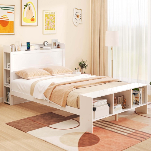 Costway Twin/Full Size Bed Frame with Storage Headboard & Footboard LED Bed Frame with 2 USB Ports