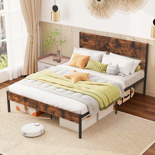 Cadre de lit simple/double/grand/très grand lit avec tête de lit en bois Rangement sous lit de Costway Aucun sommier requis