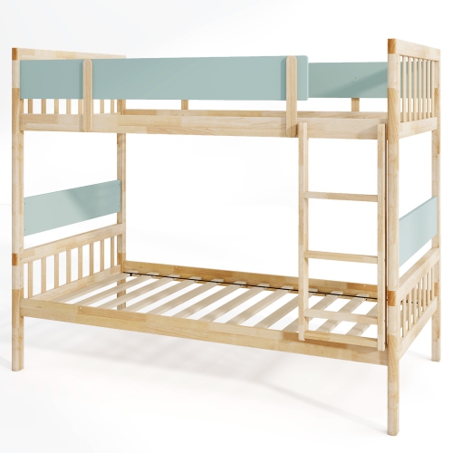 Costway Twin Over Twin Bunk Bed Solid Wood Bed Frame with Ladder Full-length Guardrails White/Natural