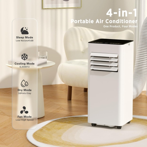 ZAFRO 8,000 BTU Portable Air Conditioners Cool Up to 350 Sq.Ft, 4 Modes Portable AC with Remote Control/Large LED Display/24Hrs Timer/Installation