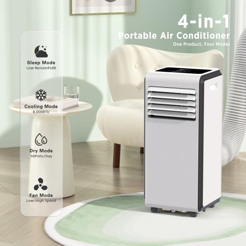 ZAFRO 8,000 BTU Portable Air Conditioners Cool Up to 350 Sq.Ft, Portable AC with Cool/Dehumidifier/Fan/Sleep Modes, Remote, 24Hrs Timer, Installation