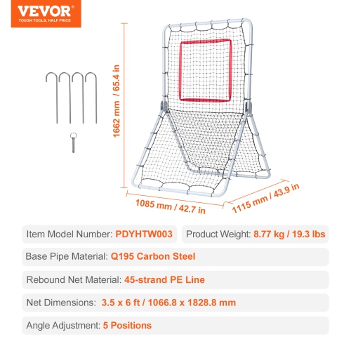 VEVOR 3.5 x 6 ft Baseball And Softball Rebounder Net,PitchBack Baseball and Softball Pitchback Net, Fielding Trainer, Bounce Back Net for