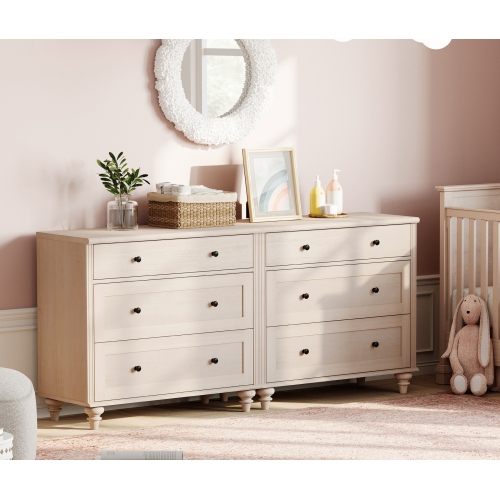 WAMPAT Dresser for Bedroom with 6 Drawers, Beige Kids Dressers with Wide Chest of Drawers, Mid Century Modern Wooden Closet Storage Organizer for Liv
