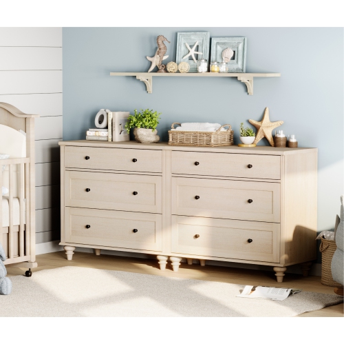 WAMPAT Dresser for Bedroom with 6 Drawers, Beige Kids Dressers with Wide Chest of Drawers, Mid Century Modern Wooden Closet Storage Organizer for