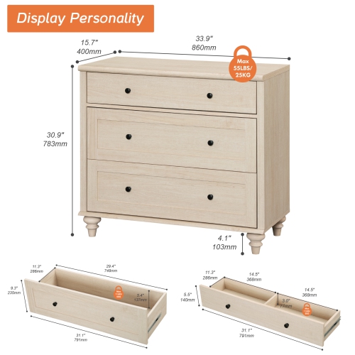 WAMPAT Dresser for Bedroom with 3 Drawers, Kids Dressers with Wide Chest of Drawers, Mid Century Modern Wooden Closet Storage Organizer for Nursery,