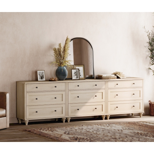 WAMPAT  Dresser for Bedroom \w 9 Drawers, Kids Dressers \w Wide Chest Of Drawers, Mid Century Modern Wooden Closet Storage Organizer for Living Room