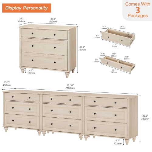 WAMPAT Dresser for Bedroom with 9 Drawers, Kids Dressers with Wide Chest of Drawers, Mid Century Modern Wooden Closet Storage Organizer for Living