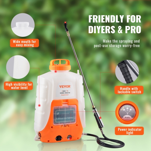 VEVOR 0-90 PSI Battery Powered Backpack Sprayer, Adjustable Pressure, 4 Gallon Tank, Back Pack Sprayer with 8 Nozzles and 2 Wands, 12V 8Ah Battery,