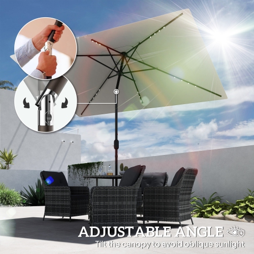 Parasol extérieur rectangulaire avec manivelle Outsunny, 6 x 10 pi, 22 lampes solaires LED et inclinaison, gris pâle