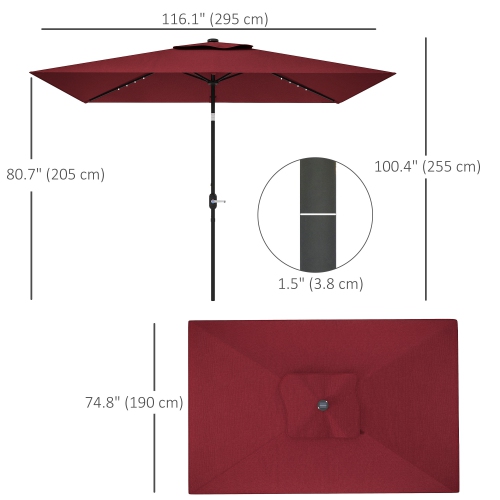 Outsunny 6' x 10' Patio Umbrella with 22 LED Solar Lights and Tilt, Rectangular Outdoor Table Umbrella with Crank, Wine Red