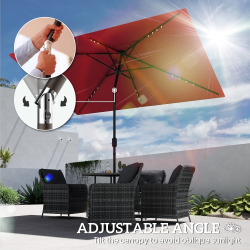 Outsunny 6' x 10' Patio Umbrella with 22 LED Solar Lights and Tilt, Rectangular Outdoor Table Umbrella with Crank, Wine Red