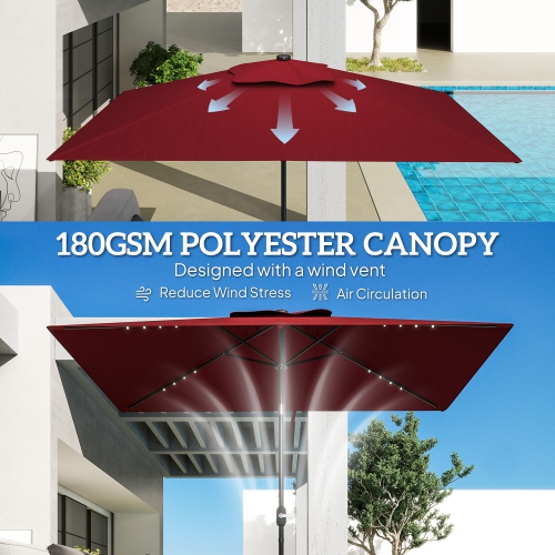 Outsunny 6' x 10' Patio Umbrella with 22 LED Solar Lights and Tilt, Rectangular Outdoor Table Umbrella with Crank, Wine Red