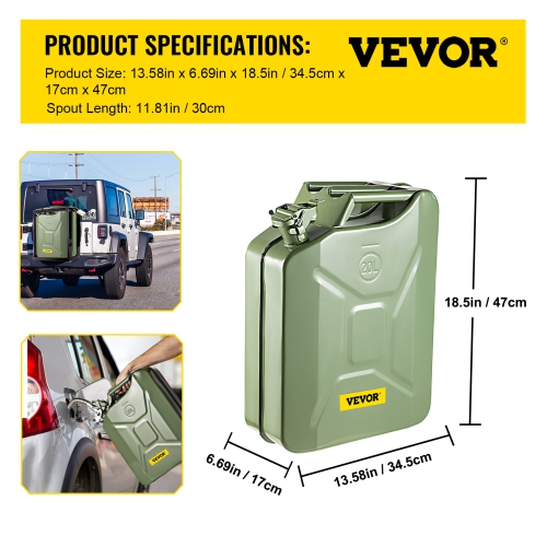 VEVOR 5.3 Gallon / 20 L Jerry Fuel Can, Portable Jerry Gas Can with Flexible Spout System, Rustproof ＆ Heat-resistant Steel Fuel Tank for Cars Trucks