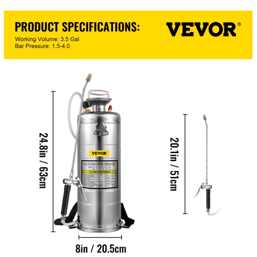 VEVOR 3.5Gal Stainless Steel Sprayer,l Set with 20 Wand& Handle& 3FT Reinforced Hose, Hand Pump Sprayer with Pressure Gauge&Safety Valve, Adjustable
