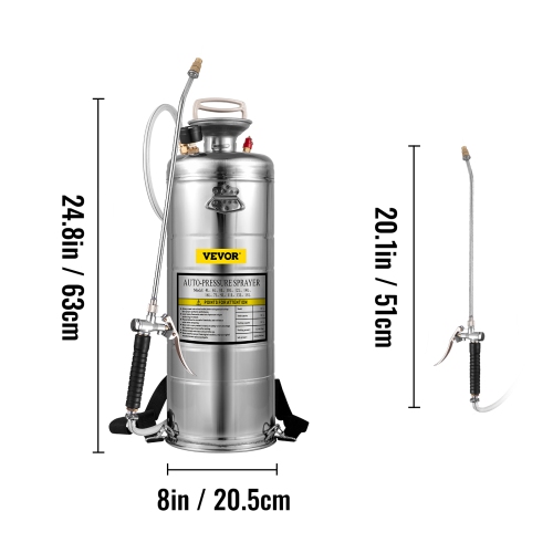 VEVOR 3.5Gal Stainless Steel Sprayer,l Set with 20 Wand& Handle& 3FT Reinforced Hose, Hand Pump Sprayer with Pressure Gauge&Safety Valve, Adjustable