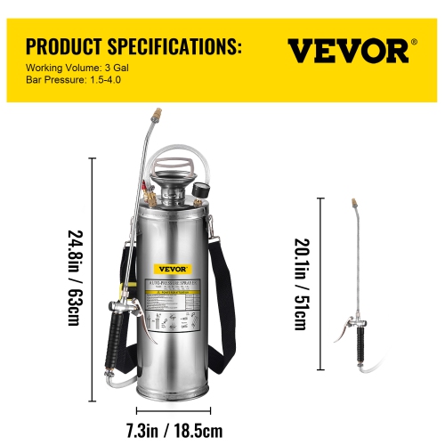 VEVOR 3 Gallon Stainless Steel Sprayer, 20" Wand & 3FT Reinforced Hose, Hand Pump Sprayer with Pressure Gauge, Safety Valve & Adjustable Nozzle,