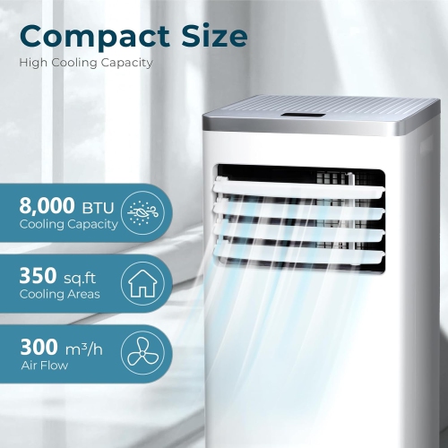 ZAFRO 8,000 BTU Portable Air Conditioner, Quiet 3 in 1 AC Unit with Fan & Dehumidifier,Cools up to 350 Sq.Ft,2 Fan Speeds,24Hrs Timer,Child