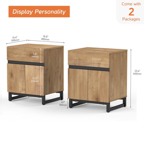 WAMPAT 2 Pack Modern End Table with 1 Drawer & 1 Storage Cabinet, Farmhouse Sofa Table with 2 Open Door, Wood Rustic Side End Table for Living Room,