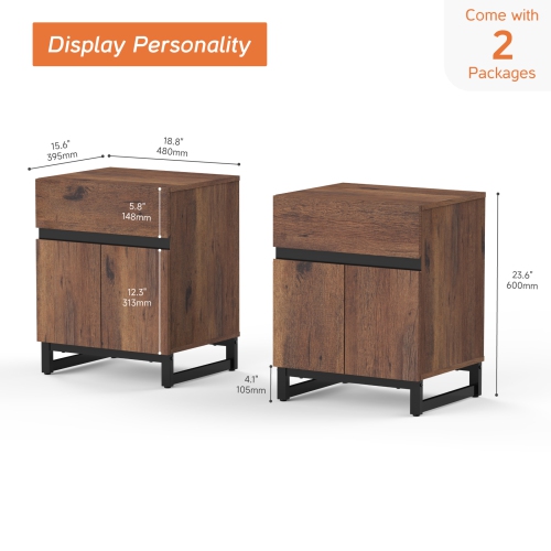 WAMPAT 2 Pack Modern End Table with 1 Drawer & 1 Storage Cabinet, Farmhouse Sofa Table with 2 Open Door, Wood Rustic Side End Table for Living Room,