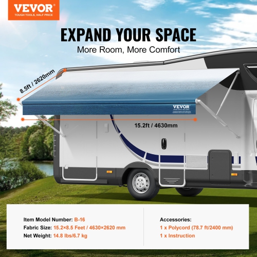 VEVOR RV Awning Fabric Replacement, 15'2" Fabric Length for 16' Awning, Heavy Duty 3-Ply 16oz PVC Camper Awning Fabric, Waterproof & UV Protection