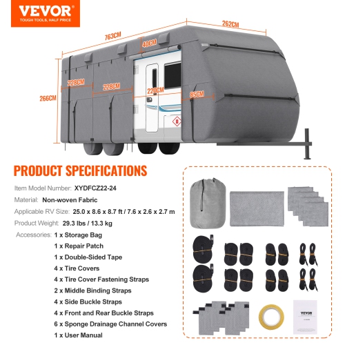 VEVOR 22-24 ft Travel Trailer Cover, RV Cover, 4-Layer Non-Woven Fabric Camper Cover, Waterproof, Windproof and Rip-Stop Class A RV Cover, with