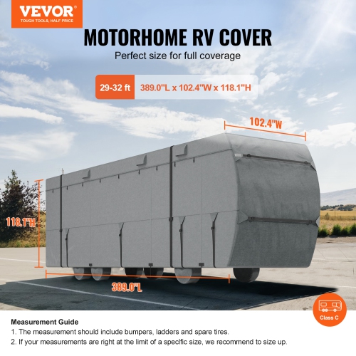 VEVOR 29-32 ft Class C RV Cover, Motorhome Cover, Oxford Fabric Motorhome RV Cover, Waterproof, Windproof and Rip-Stop, Camper Cover with Storage