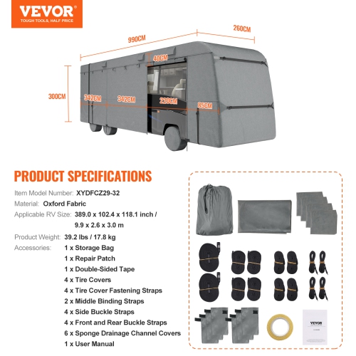 VEVOR 29-32 ft Class C RV Cover, Motorhome Cover, Oxford Fabric Motorhome RV Cover, Waterproof, Windproof and Rip-Stop, Camper Cover with Storage