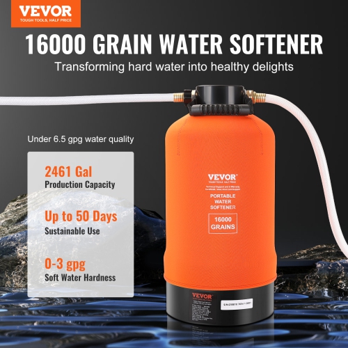 VEVOR 16,000 Grain RV Water Softener, Portable Water Softener, with 3/4" Brass Fittings and 42" Hose, Soften Hard Water Filter System for RVs,