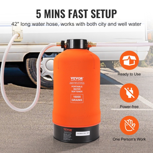 VEVOR 16,000 Grain RV Water Softener, Portable Water Softener, with 3/4" Brass Fittings and 42" Hose, Soften Hard Water Filter System for RVs,