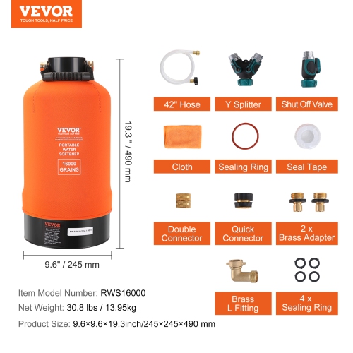 VEVOR 16,000 Grain RV Water Softener, Portable Water Softener, with 3/4" Brass Fittings and 42" Hose, Soften Hard Water Filter System for RVs,