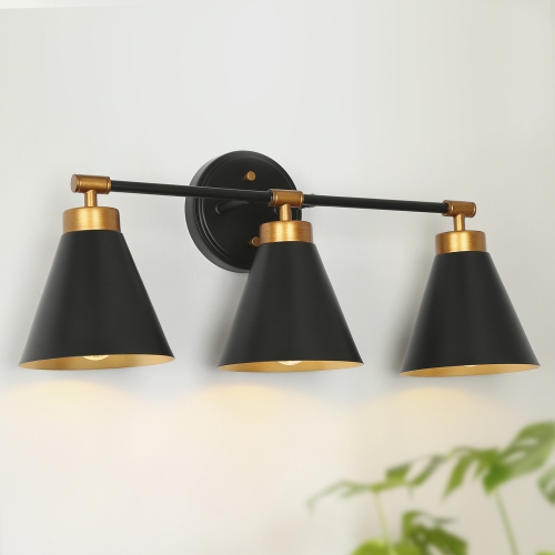 UOLFIN  22.4-In 3 -Light Matte With Metal Cone Shade Modern/contemporary Bathroom Vanity Light Powder Room Light Fixture In Black