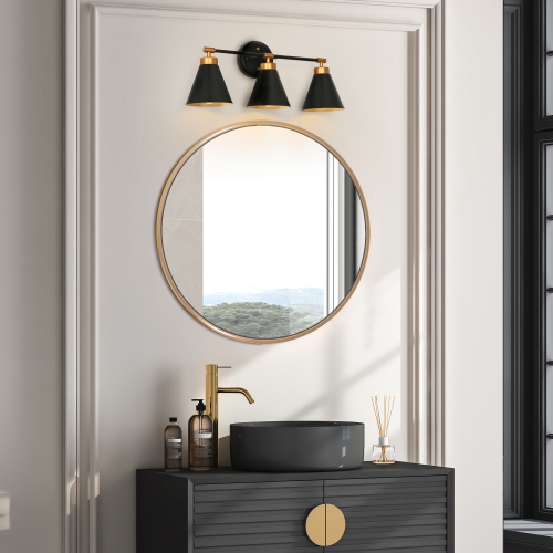 Uolfin 22.4-in 3 -Light Matte Black with Metal Cone Shade Modern/contemporary Bathroom Vanity light Powder Room Light Fixture