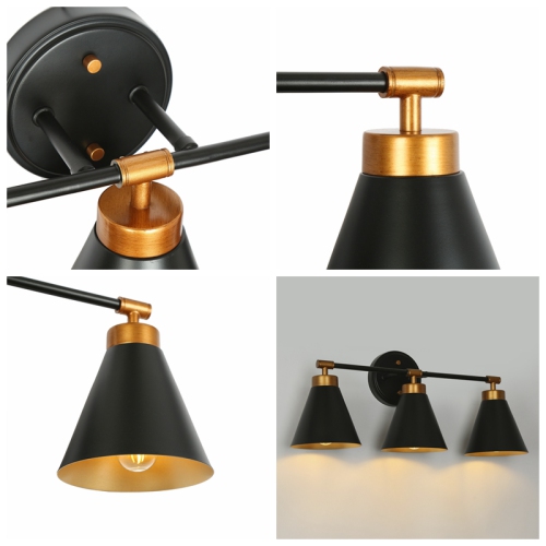 Uolfin 22.4-in 3 -Light Matte Black with Metal Cone Shade Modern/contemporary Bathroom Vanity light Powder Room Light Fixture