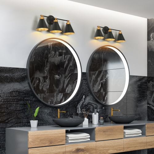 Uolfin 22.4-in 3 -Light Matte Black with Metal Cone Shade Modern/contemporary Bathroom Vanity light Powder Room Light Fixture