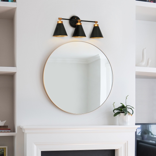 Uolfin 22.4-in 3 -Light Matte Black with Metal Cone Shade Modern/contemporary Bathroom Vanity light Powder Room Light Fixture
