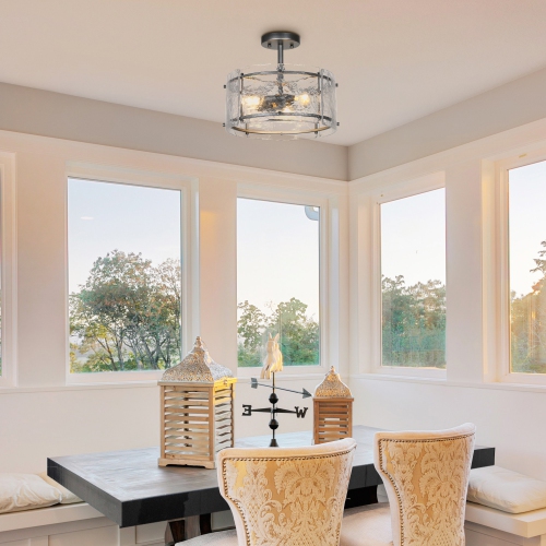 Modern Industrial 1-Light Spattered Rust Kitchen Semi-Flush Mount with Textured Glass Shade