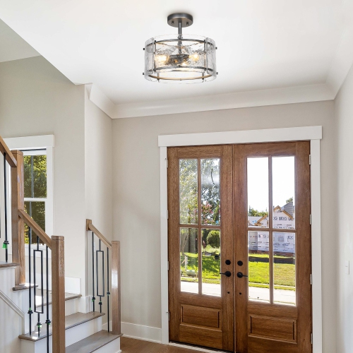 Modern Industrial 1-Light Spattered Rust Kitchen Semi-Flush Mount with Textured Glass Shade
