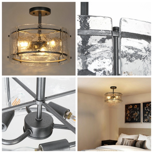 Modern Industrial 1-Light Spattered Rust Kitchen Semi-Flush Mount with Textured Glass Shade