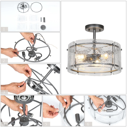 Modern Industrial 1-Light Spattered Rust Kitchen Semi-Flush Mount with Textured Glass Shade